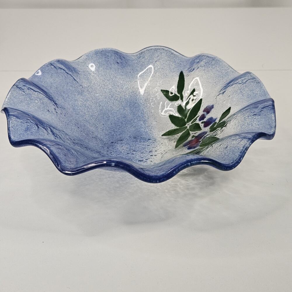 VINTAGE Hand Made Flower Pattern Fused Glass Textured Bowl Dish Ruffled Edge - Picture 5 of 8
